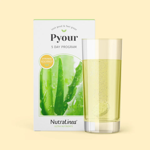 Packung Pyour 5 Day von NutraLinea, davor ein Glas mit Brausetablette darin