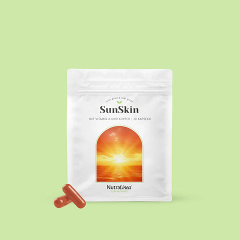 Beutel mit SunSkin von NutraLinea davor 2 Tabletten