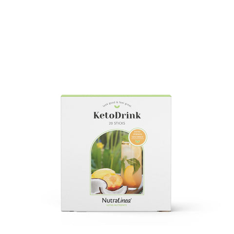 Vorderseite der NutraLinea KetoDrink Verpackung mit 20 Sticks im Pfirsich-Kokos Geschmack