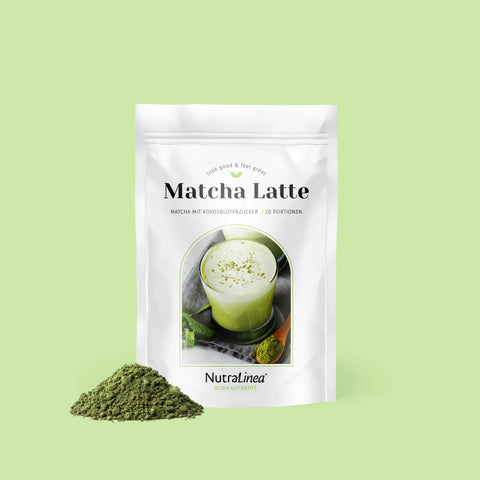 NutraLinea Matcha Latte mit Verpackung und Matcha-Pulver – 20 Portionen mit Kokosblütenzucker, cremig und natürlich grün